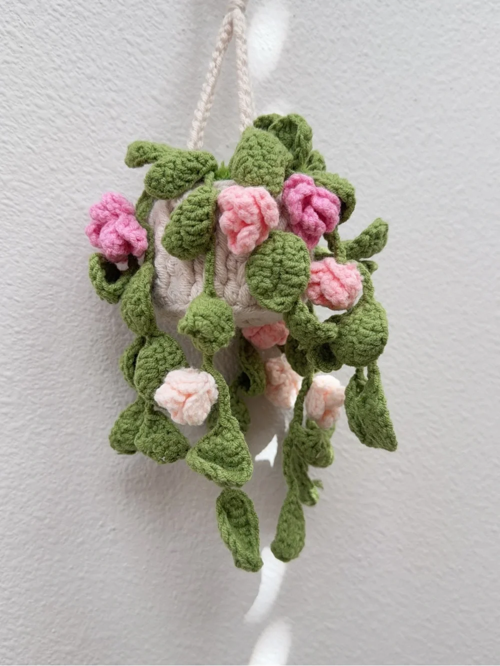 Handmade Crochet Hanging Wall Plant with Pink Flowers